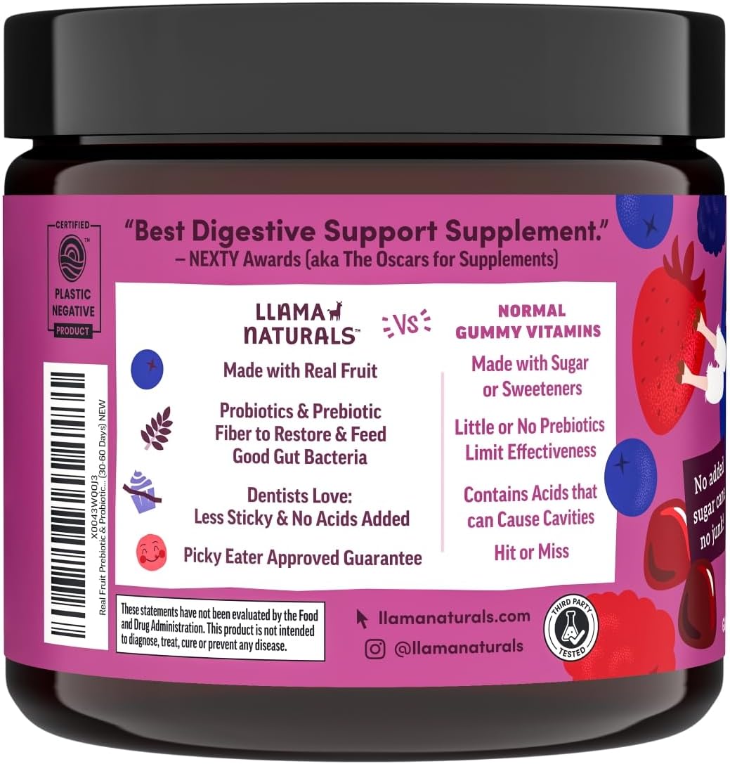Natural Prebiotic & Probiotic Kids Gummies for Digestion & Gut Health - No Added Sugar, Mixed Berry Flavor, 120ct - Llama Naturals