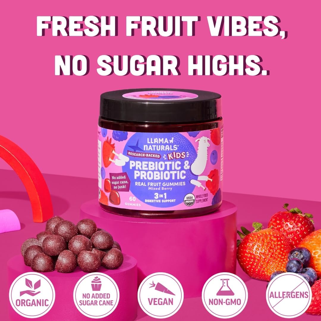 Natural Prebiotic & Probiotic Kids Gummies for Digestion & Gut Health - No Added Sugar, Mixed Berry Flavor, 120ct - Llama Naturals