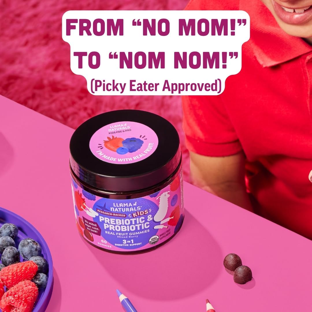 Natural Prebiotic & Probiotic Kids Gummies for Digestion & Gut Health - No Added Sugar, Mixed Berry Flavor, 120ct - Llama Naturals