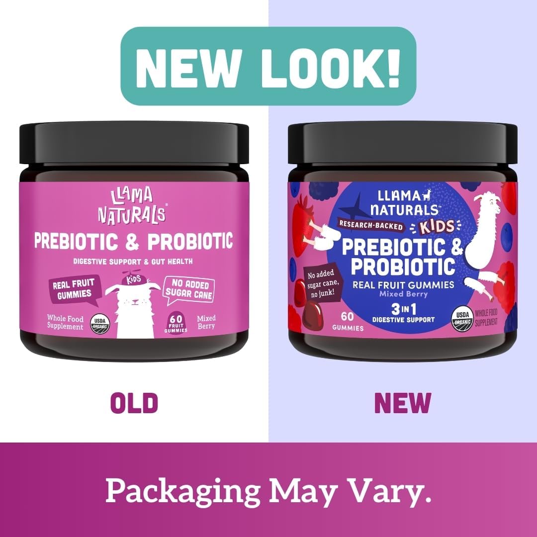 Natural Prebiotic & Probiotic Kids Gummies for Digestion & Gut Health - No Added Sugar, Mixed Berry Flavor, 120ct - Llama Naturals