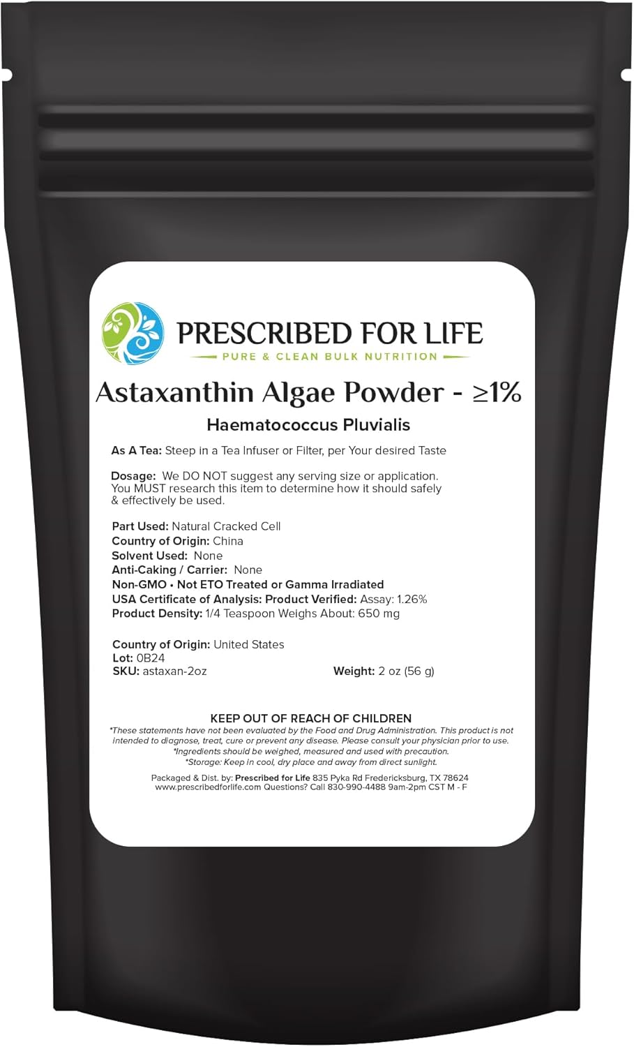 Natural Red Algae Astaxanthin Powder Supplement for Eye and Joint Support - 2oz/56g