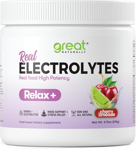 Natural Relax+ Cherry Limeade Electrolyte Supplement: Hydration & Stress Relief with Glycine, L-Theanine, Lemon Balm - USA-Made