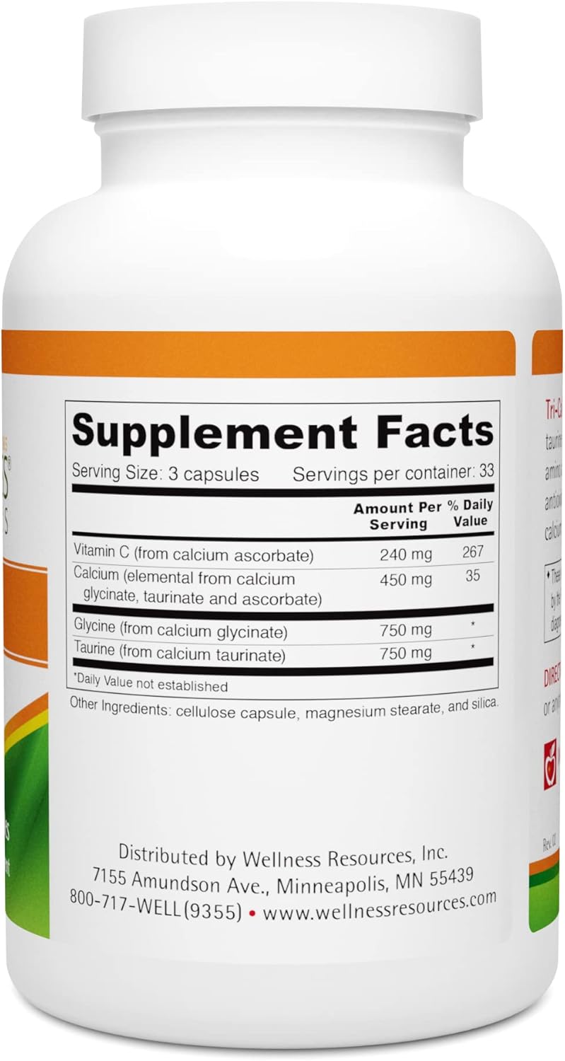 Natural Relaxation and Sleep Support with Wellness Resources Tri-Cal - Taurine, Glycine, and Calcium (100 Veggie Capsules)