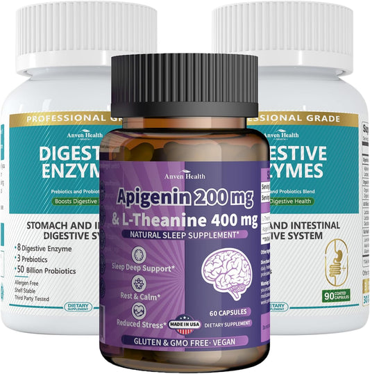 Natural Relaxation and Stress Relief Bundle with Apigenin, L-Theanine, and Digestive Enzymes for Digestive Support