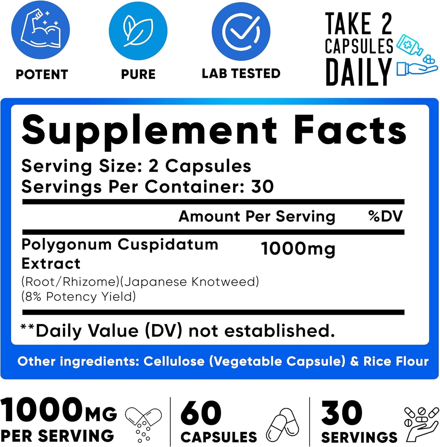 Natural Resveratrol Supplement 1000mg - 60 Veggie Capsules - Anti-Aging & Immune Support Formula