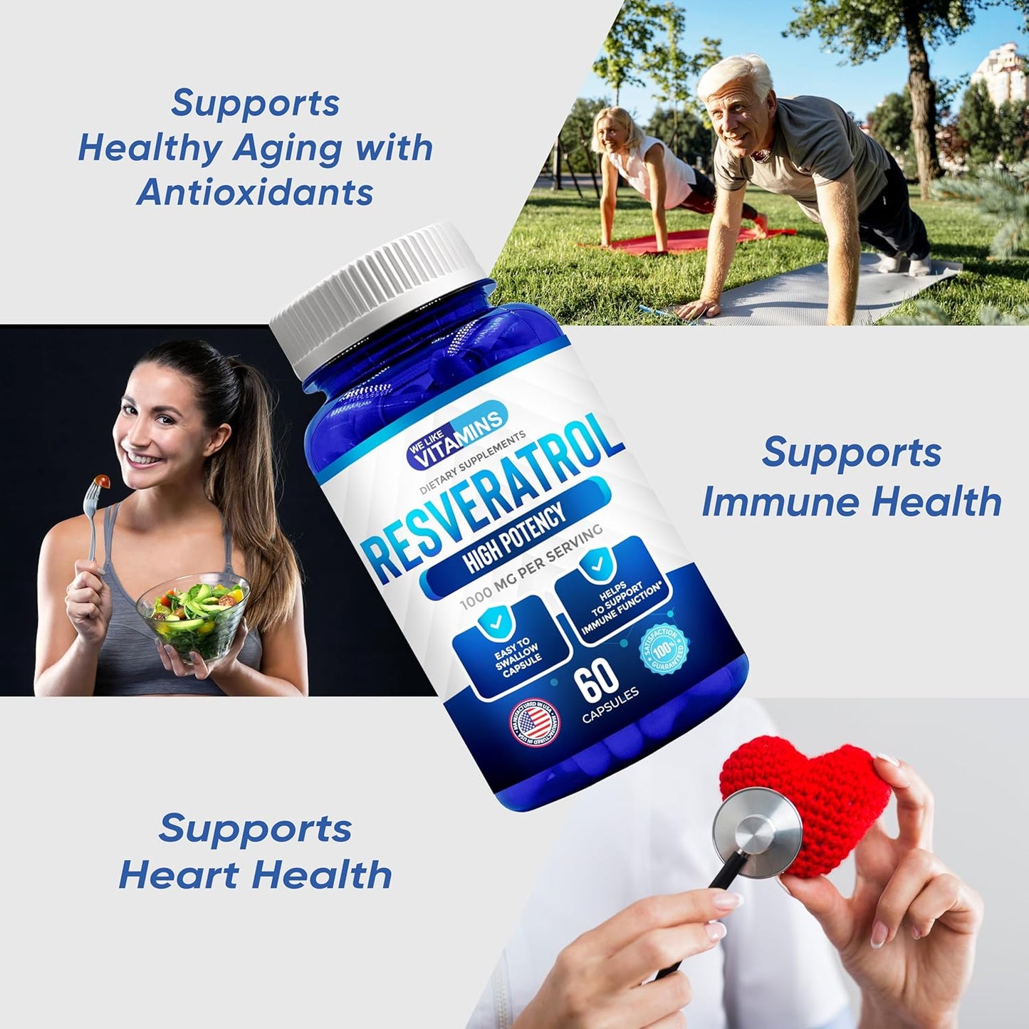Natural Resveratrol Supplement 1000mg - 60 Veggie Capsules - Anti-Aging & Immune Support Formula