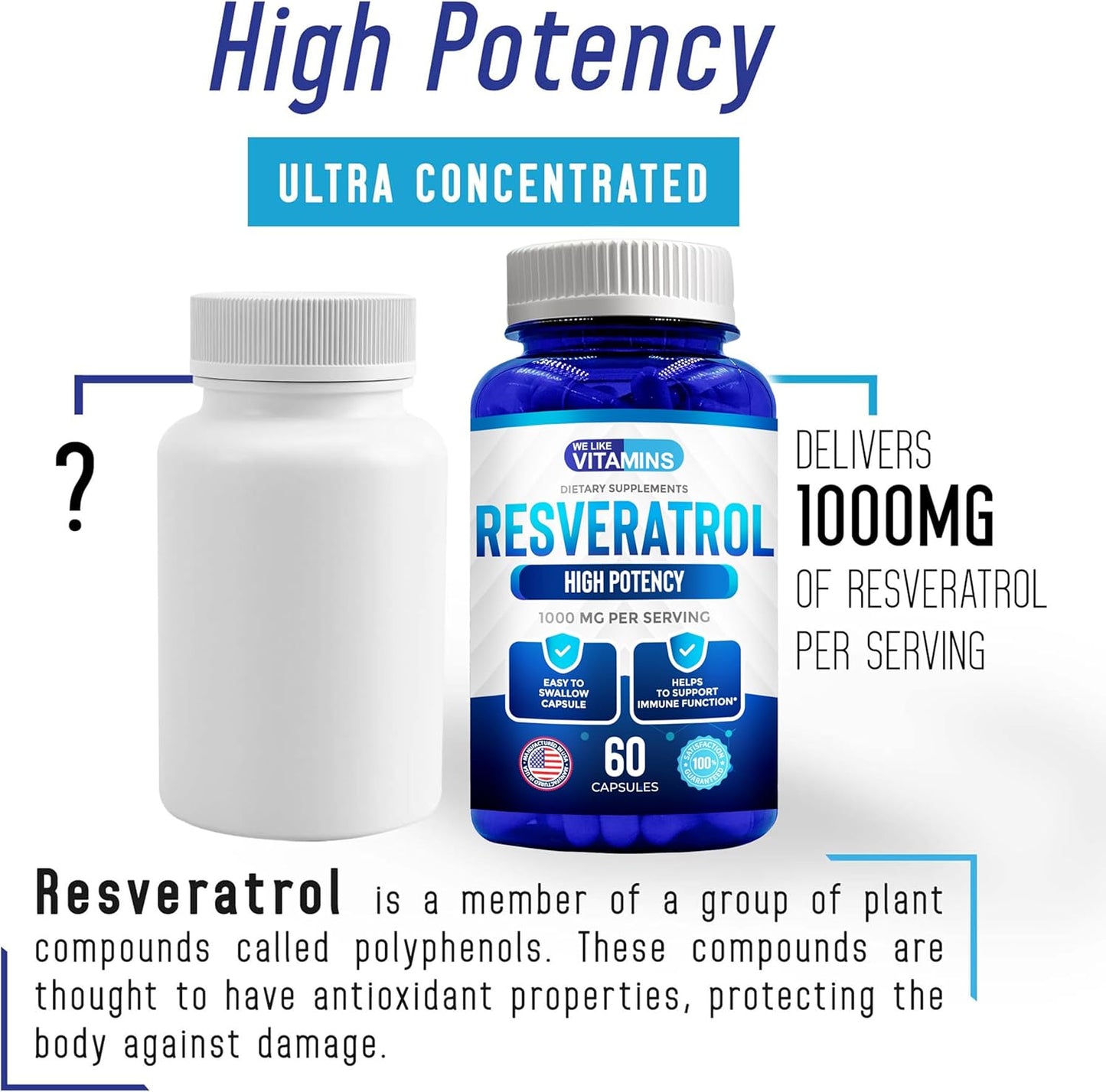 Natural Resveratrol Supplement 1000mg - 60 Veggie Capsules - Anti-Aging & Immune Support Formula