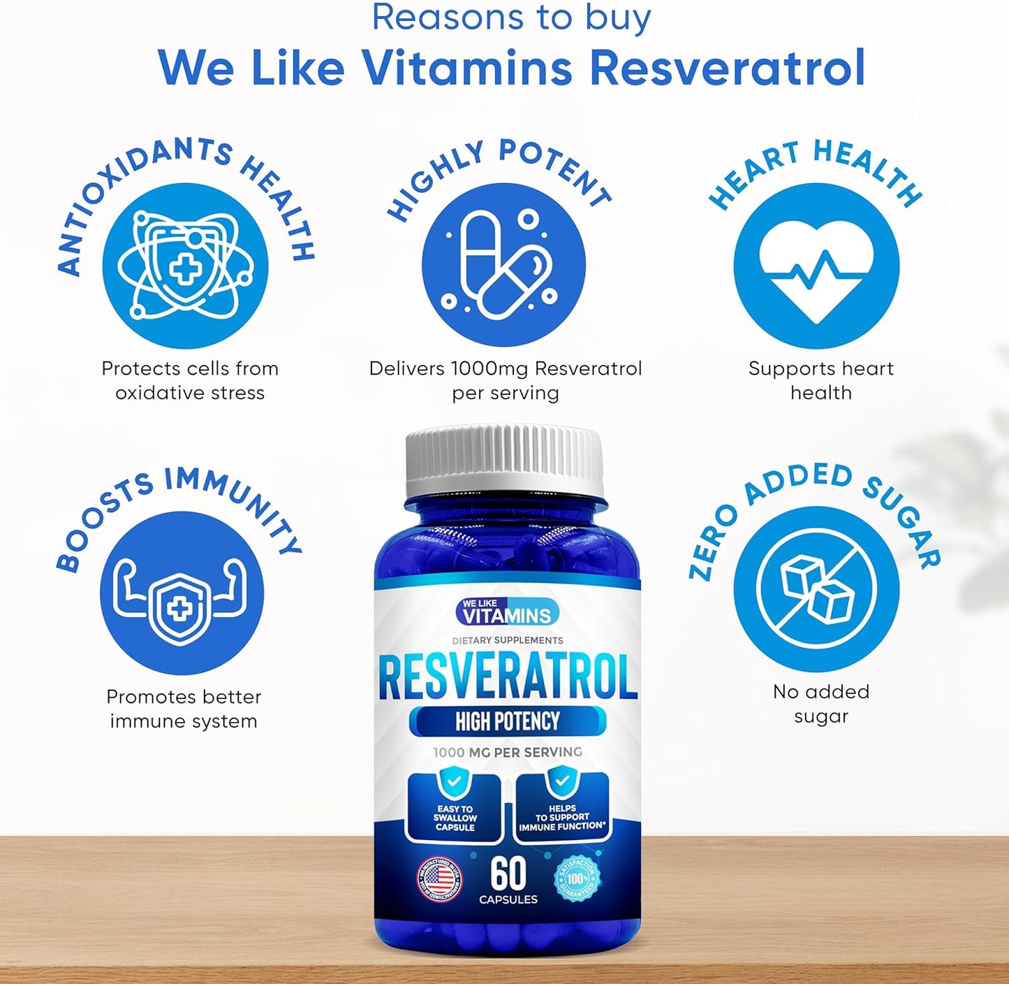 Natural Resveratrol Supplement 1000mg - 60 Veggie Capsules - Anti-Aging & Immune Support Formula