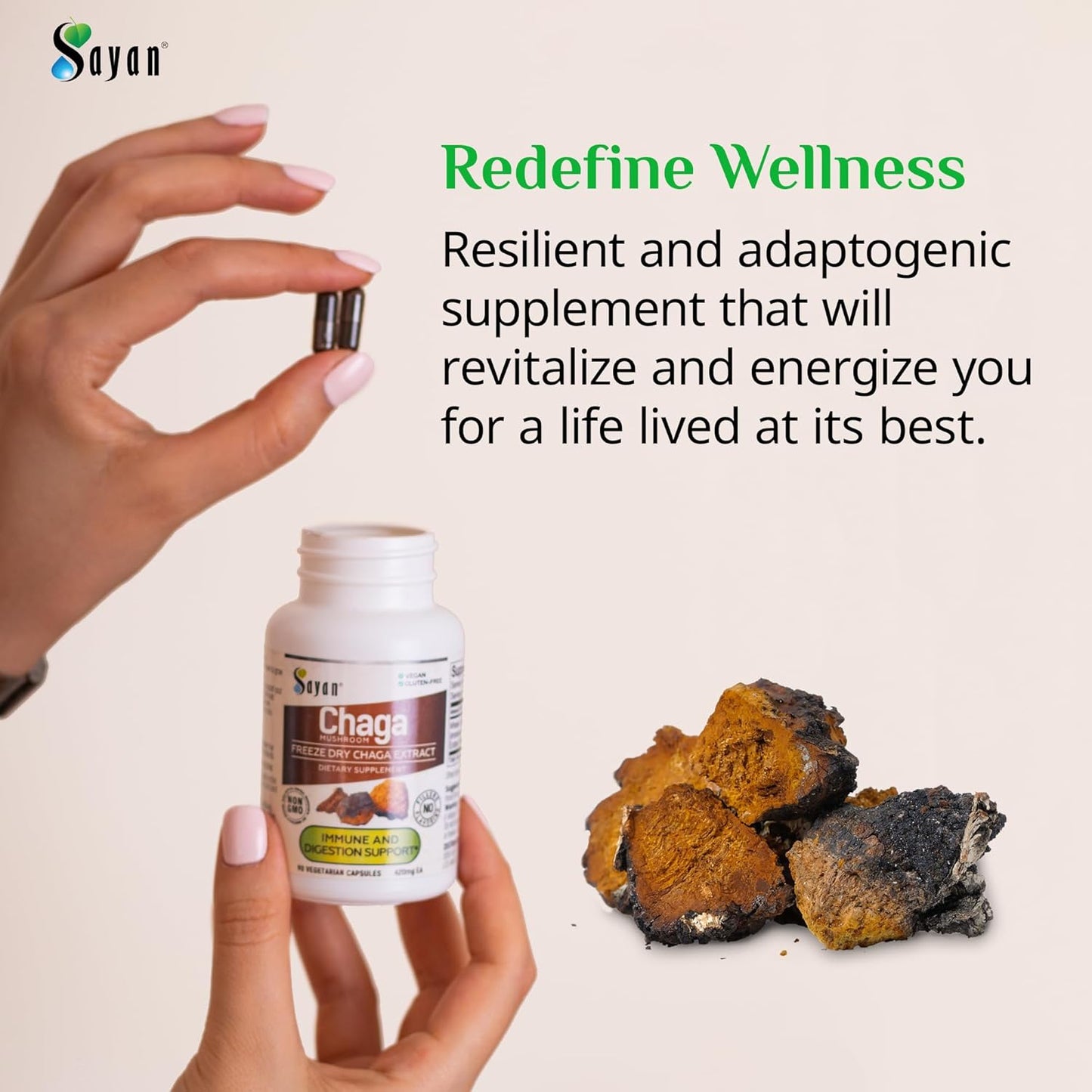 Natural Sayan Siberian Chaga Mushroom Extract Capsules - Antioxidant Supplement for Immune Support - Vegan & Non-GMO - 90 Capsules