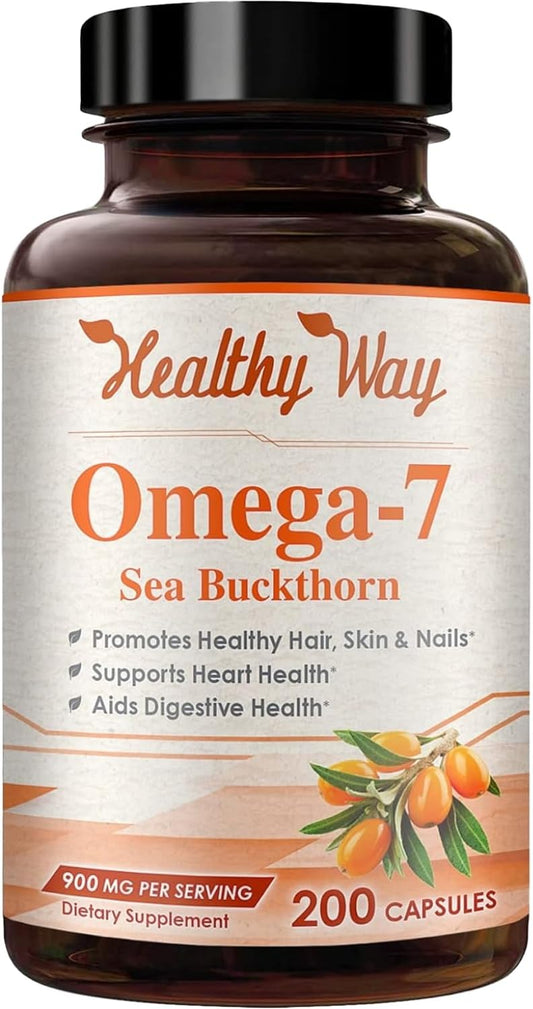 Natural Sea Buckthorn Oil Capsules - 900mg Omega 7 Fatty Acids Supplement (200 Count) - Made in USA, NON-GMO & Healthy