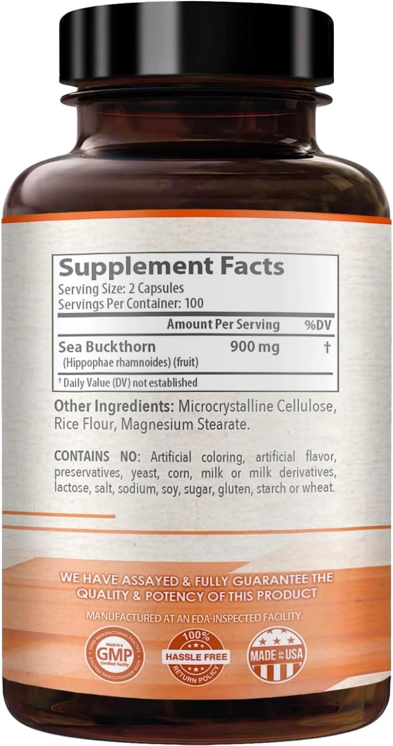 Natural Sea Buckthorn Oil Capsules - 900mg Omega 7 Fatty Acids Supplement (200 Count) - Made in USA, NON-GMO & Healthy