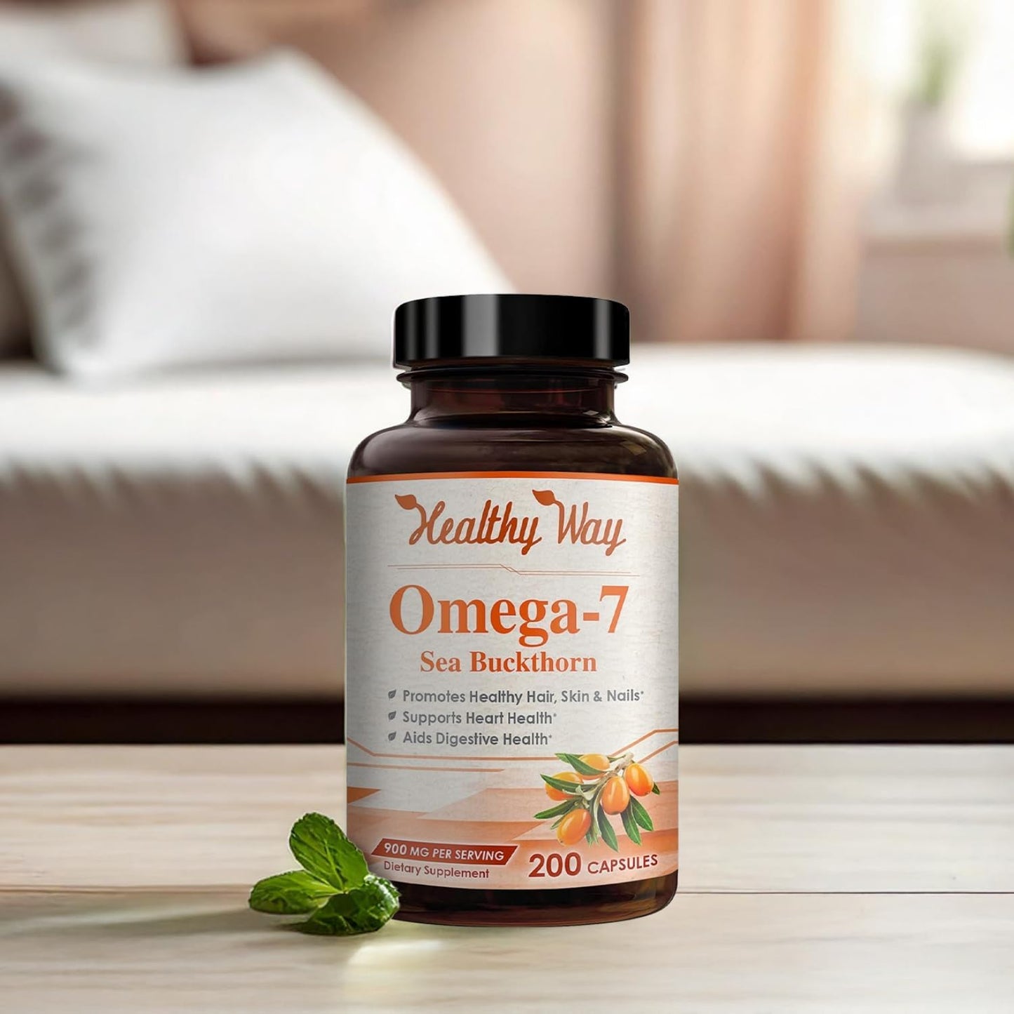 Natural Sea Buckthorn Oil Capsules - 900mg Omega 7 Fatty Acids Supplement (200 Count) - Made in USA, NON-GMO & Healthy