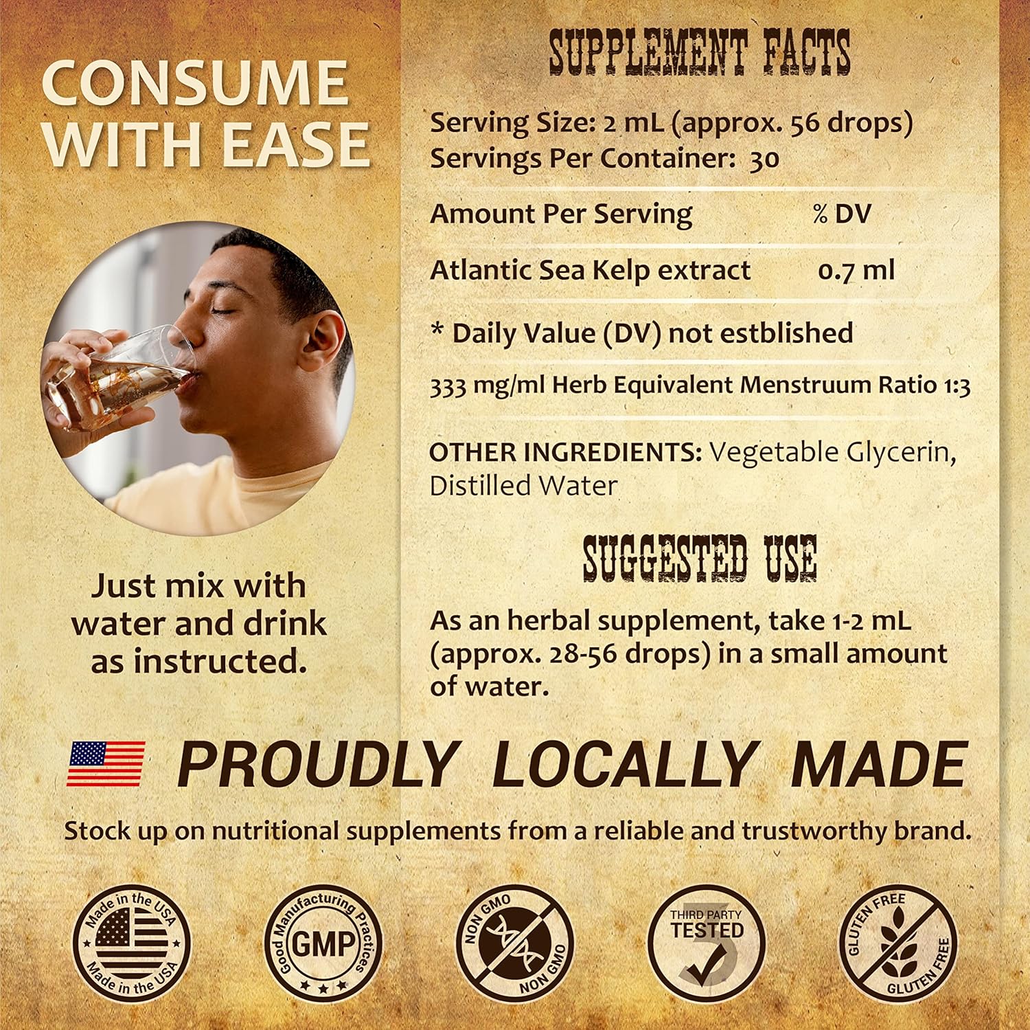 Natural Sea Kelp Drops for Thyroid Support and Energy Boost - Liquid Iodine Supplement - Vegetarian Formula - 2oz Bottle