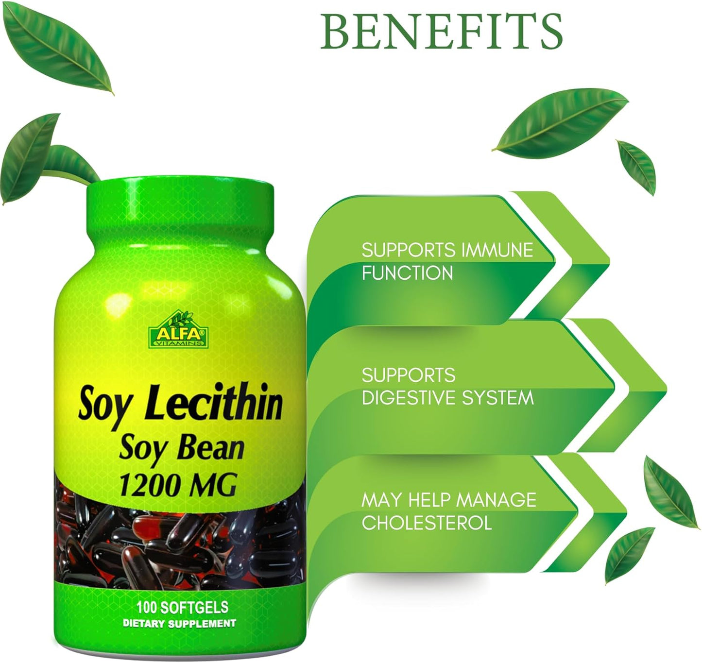 Natural Soy Lecithin Supplement 1200mg - Promotes Liver Detox & Brain Health - 100 Softgels