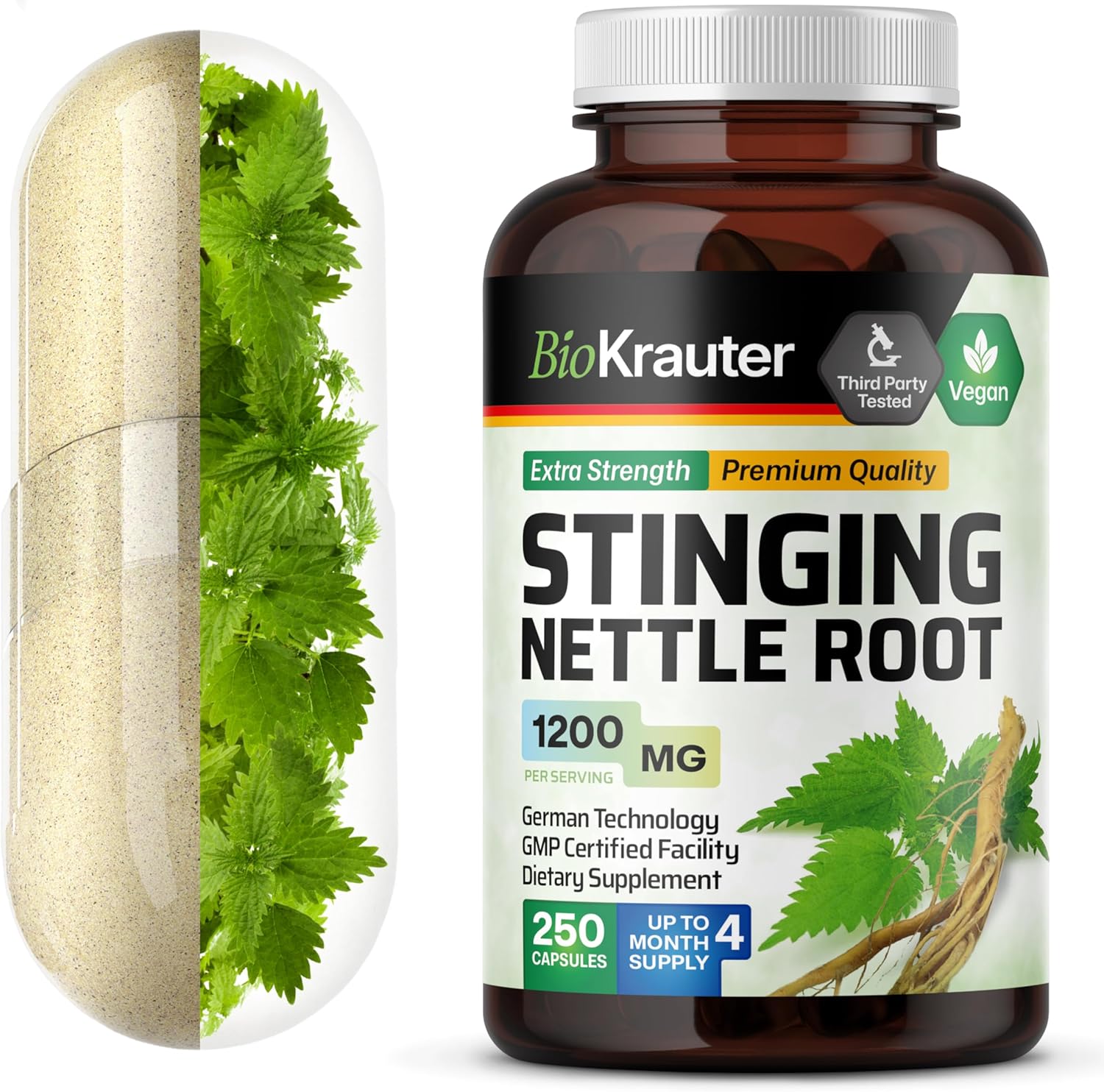 Natural Stinging Nettle Root Powder Capsules for Urinary Tract Support - 1200 mg, 250 Caps - Organic Nettle Dioica Supplement