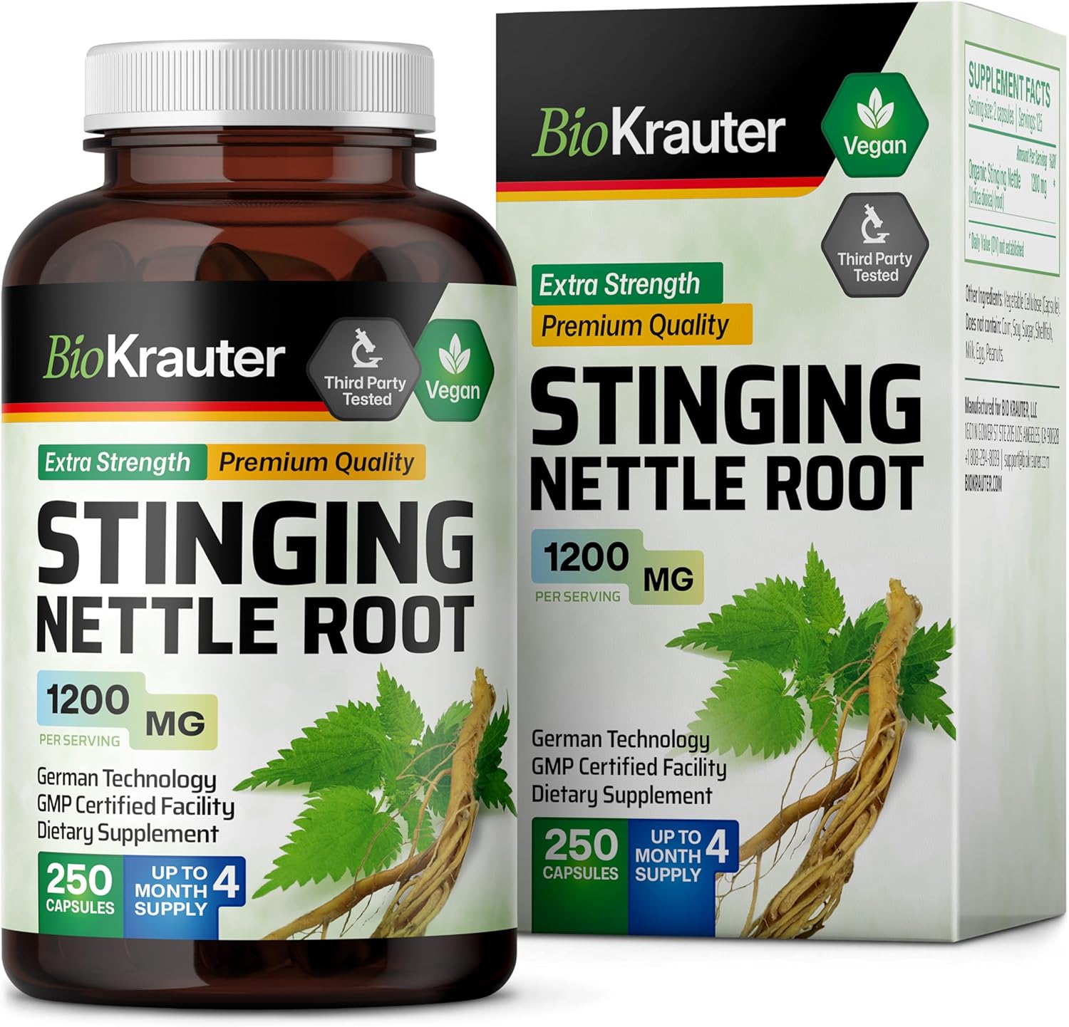 Natural Stinging Nettle Root Powder Capsules for Urinary Tract Support - 1200 mg, 250 Caps - Organic Nettle Dioica Supplement