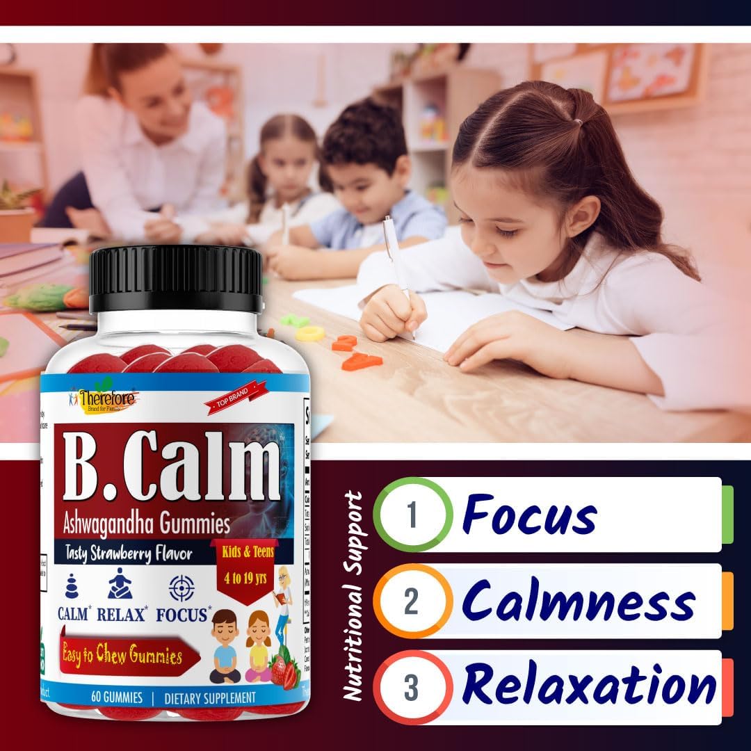 Natural Strawberry Flavored Ashwagandha Gummies for Kids & Teens - Sleep, Mood, and Focus Support - Non-GMO - 60ct