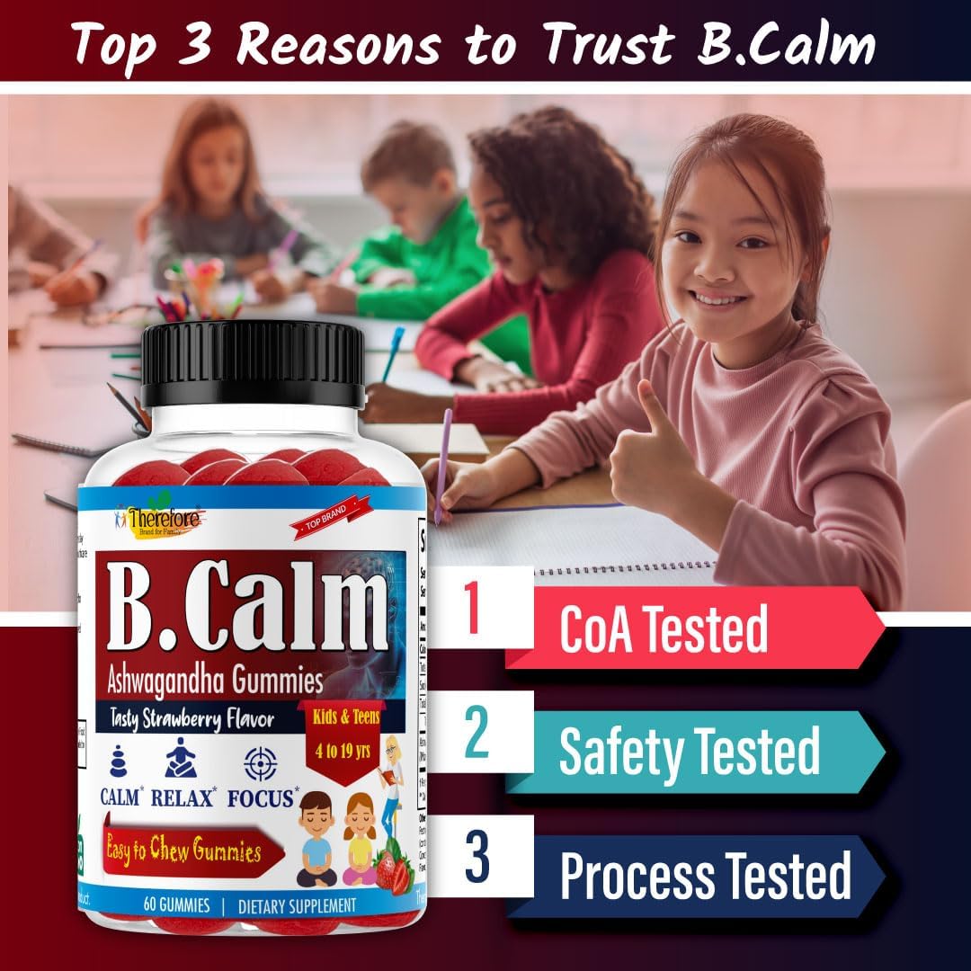 Natural Strawberry Flavored Ashwagandha Gummies for Kids & Teens - Sleep, Mood, and Focus Support - Non-GMO - 60ct