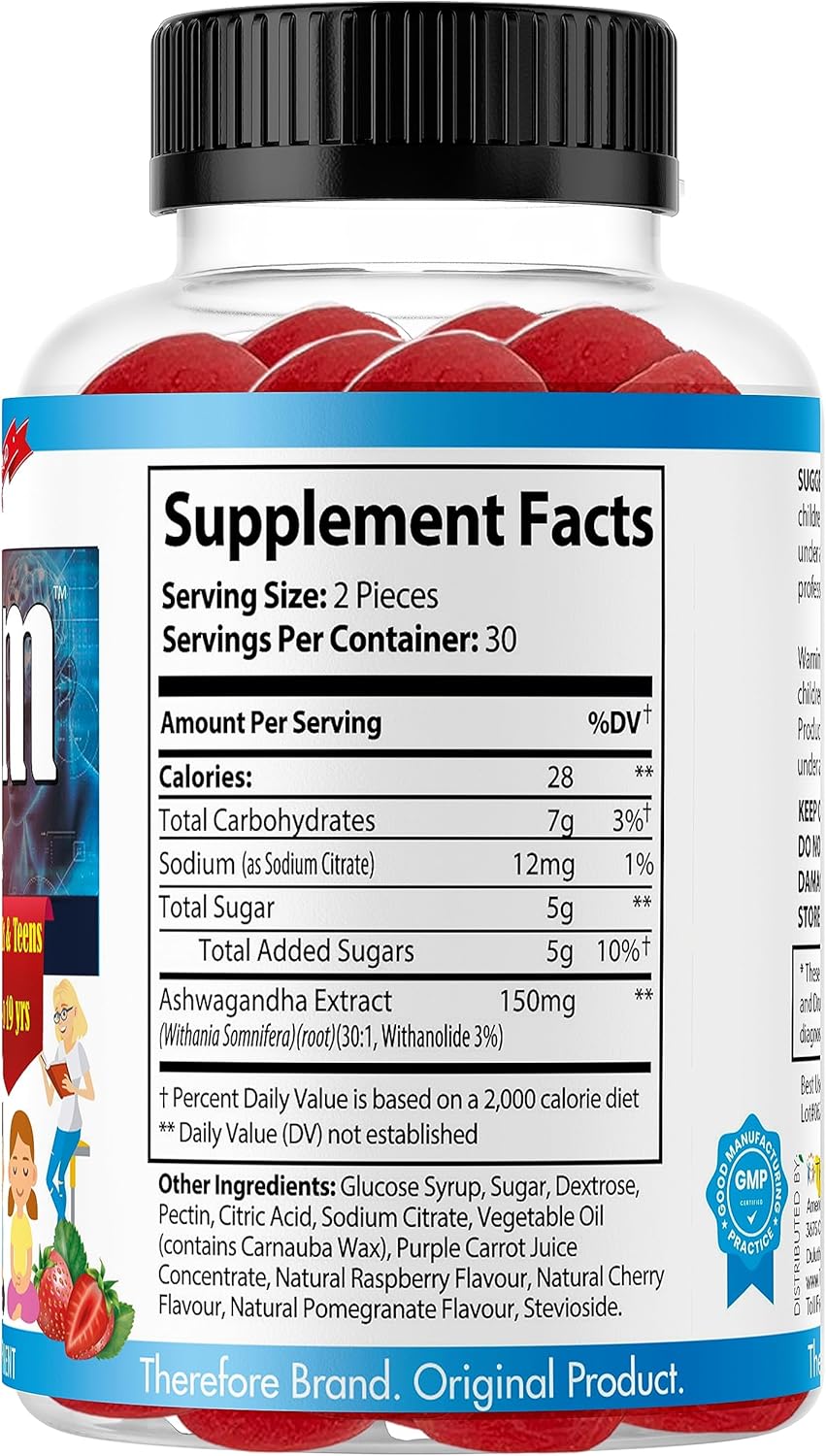 Natural Strawberry Flavored Ashwagandha Gummies for Kids & Teens - Sleep, Mood, and Focus Support - Non-GMO - 60ct