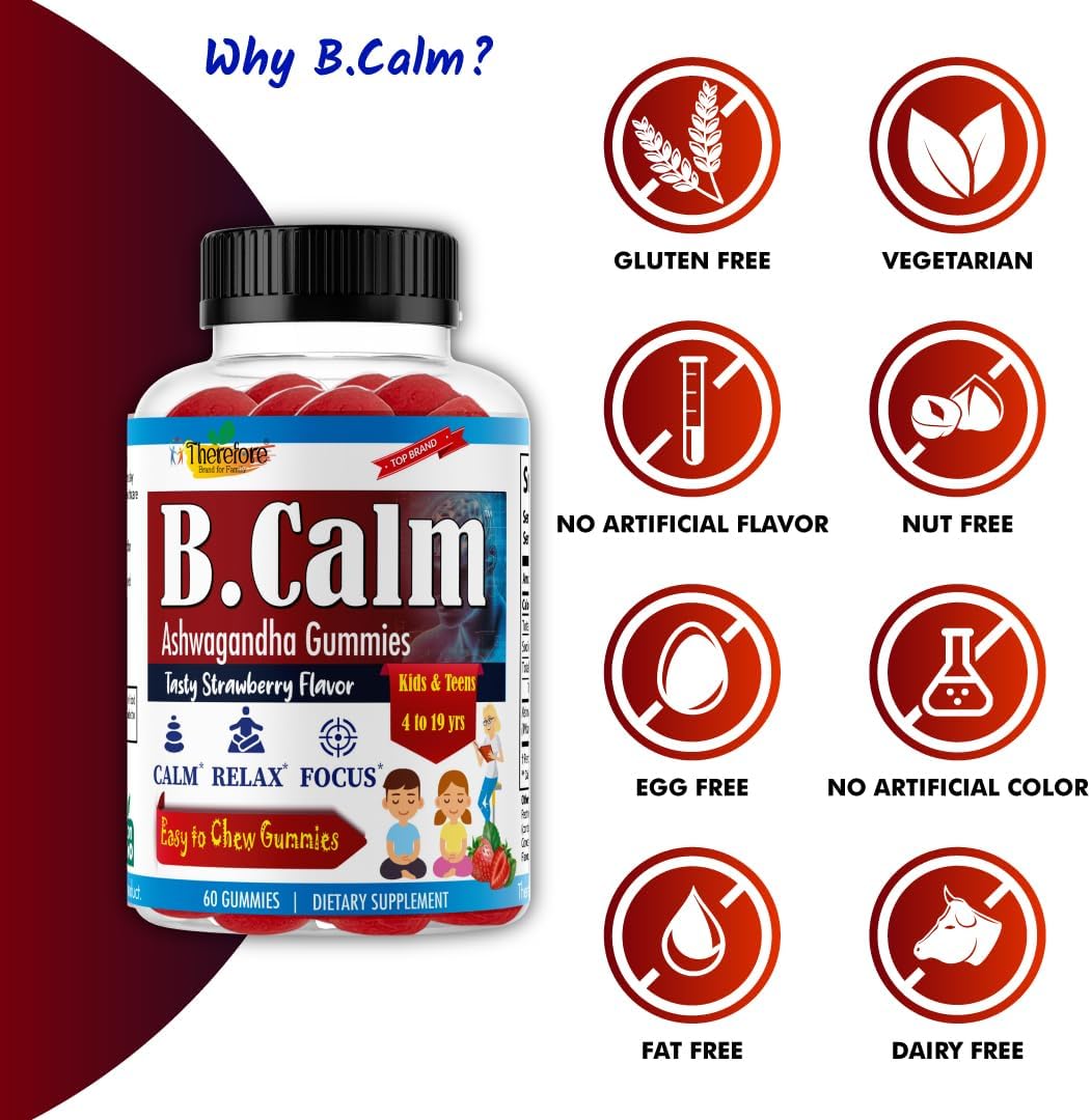 Natural Strawberry Flavored Ashwagandha Gummies for Kids & Teens - Sleep, Mood, and Focus Support - Non-GMO - 60ct