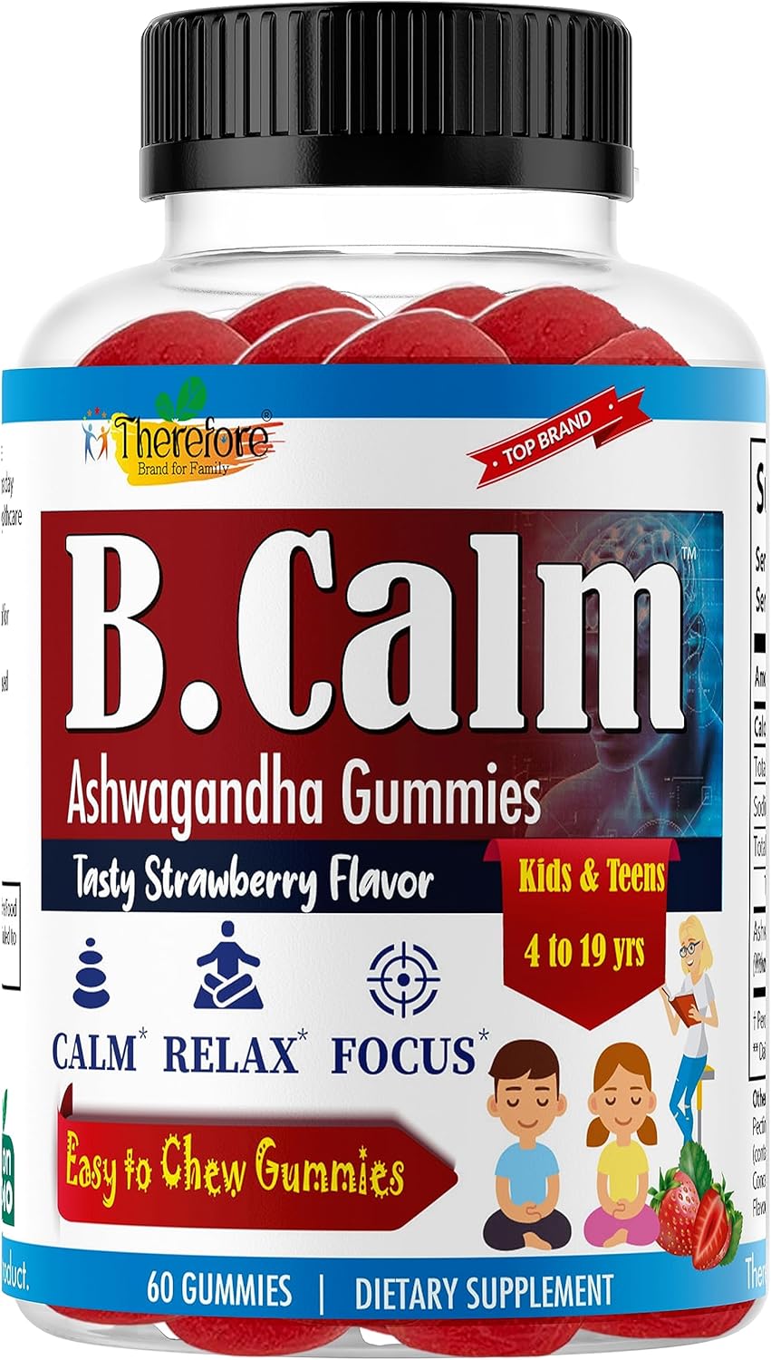 Natural Strawberry Flavored Ashwagandha Gummies for Kids & Teens - Sleep, Mood, and Focus Support - Non-GMO - 60ct