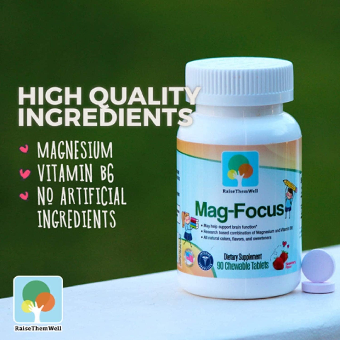 Natural Strawberry Flavored Magnesium Focus Supplement for Kids - 90 Chewable Tablets by Raise Them Well - BoostGo Australia