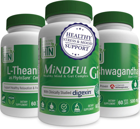 Natural Stress & Mood Support Kit with Mindful Gifts - Digexin, KSM-66 Ashwagandha, L-Theanine