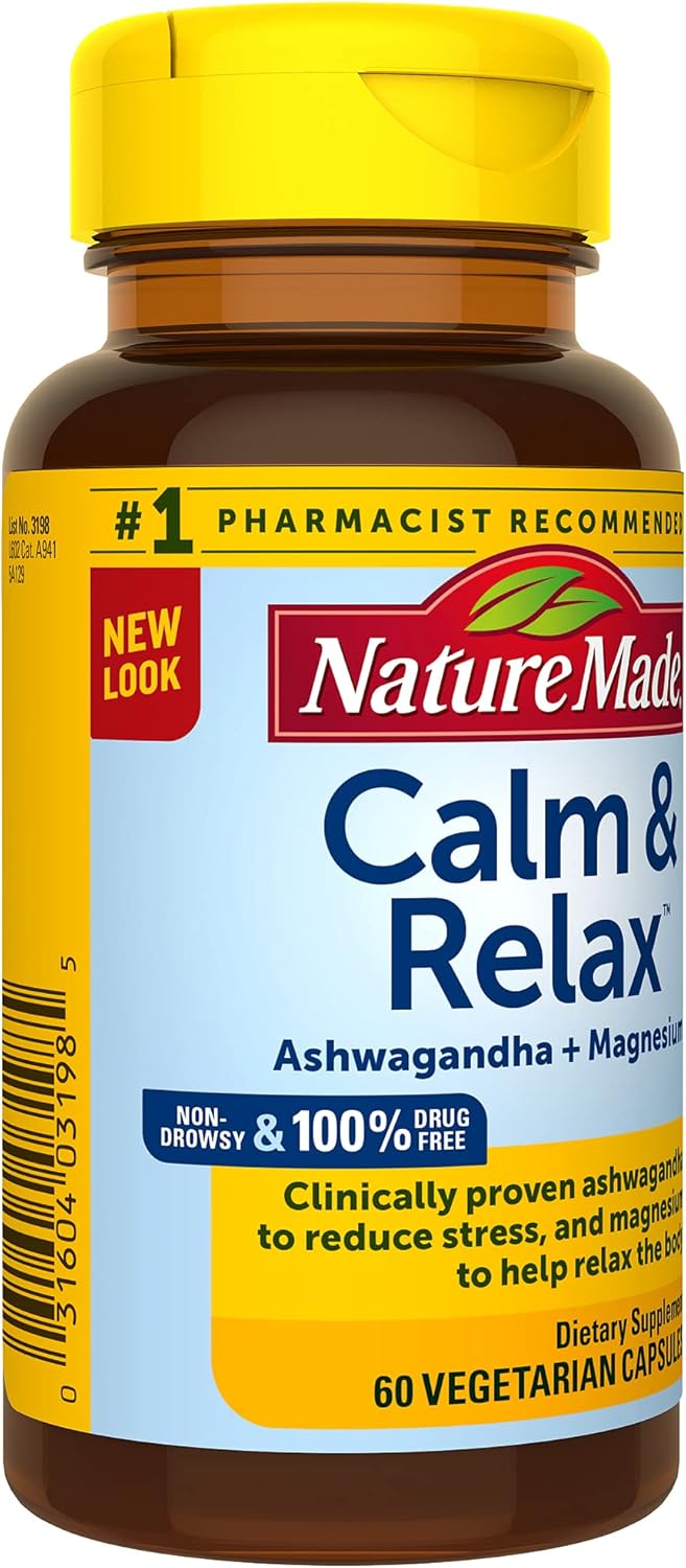 Natural Stress Relief Supplement with 300mg Magnesium and 125mg Ashwagandha - 60 Veggie Capsules