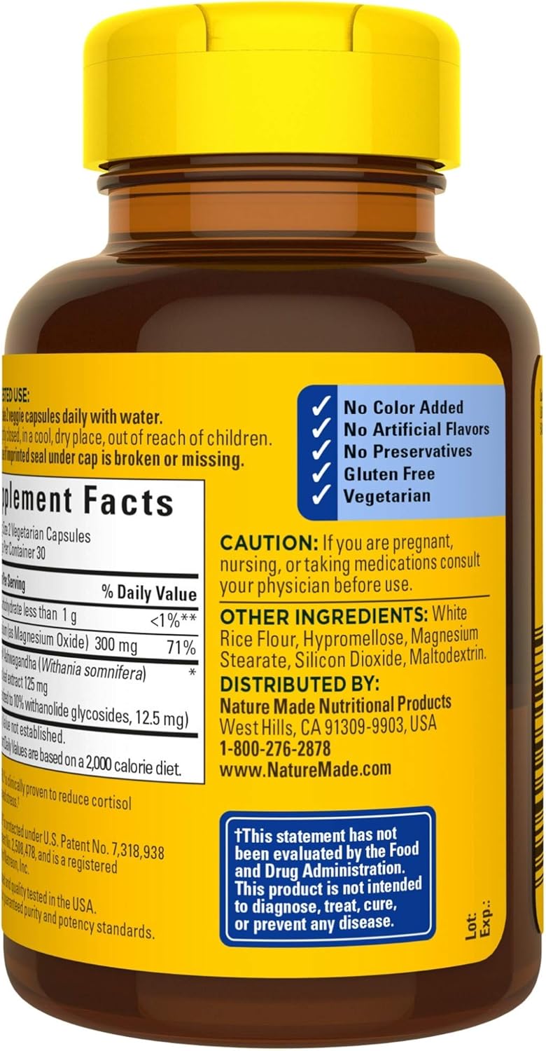 Natural Stress Relief Supplement with 300mg Magnesium and 125mg Ashwagandha - 60 Veggie Capsules
