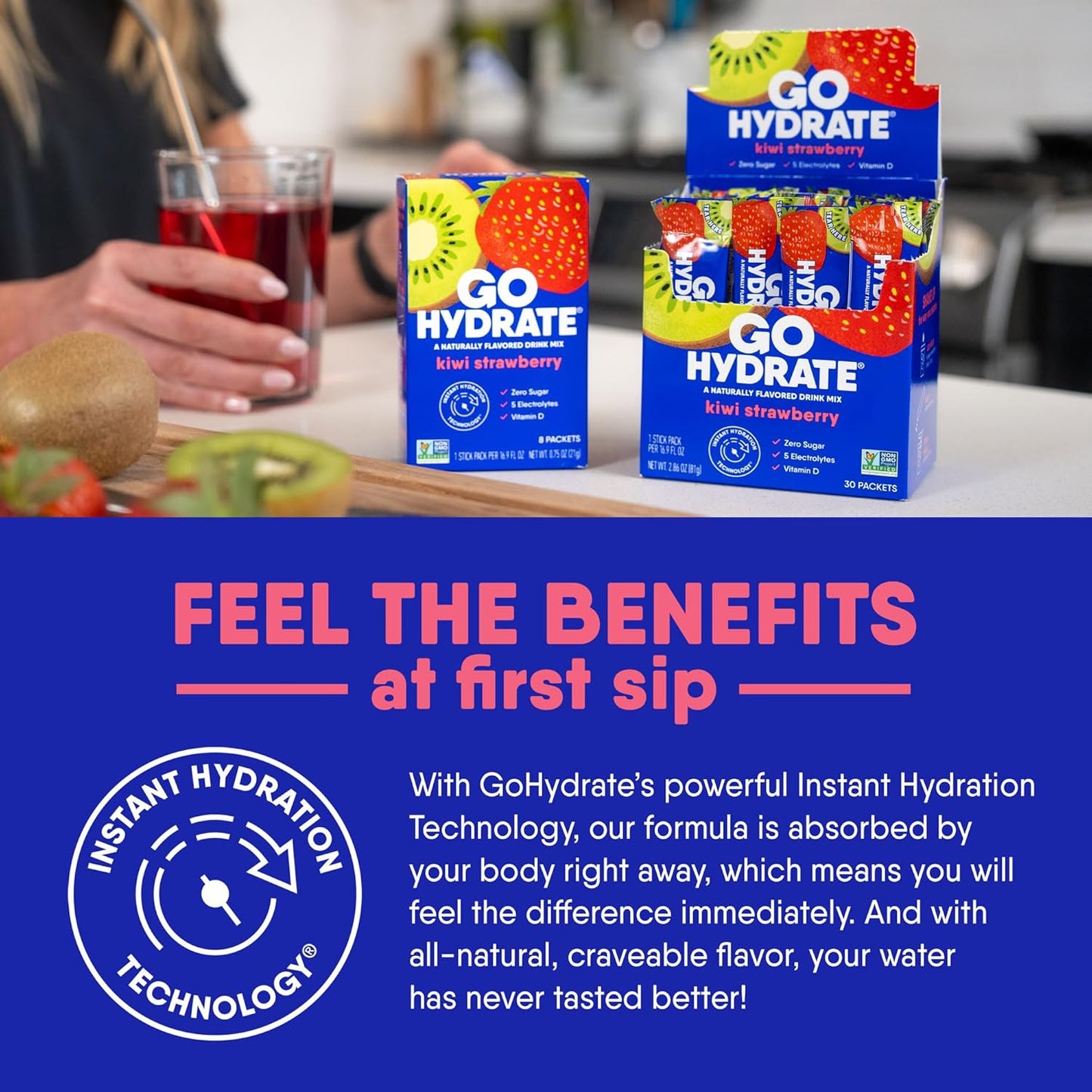 Natural Sugar-Free Electrolyte Drink Mix with Vitamin D - Kiwi Strawberry Flavor, Low Sodium Hydration Powder Packets for Instant Hydration Support (30 Packs)