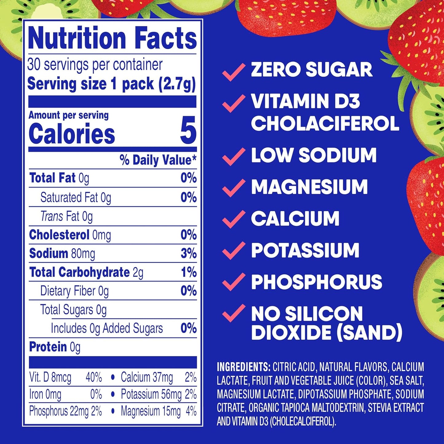 Natural Sugar-Free Electrolyte Drink Mix with Vitamin D - Kiwi Strawberry Flavor, Low Sodium Hydration Powder Packets for Instant Hydration Support (30 Packs)