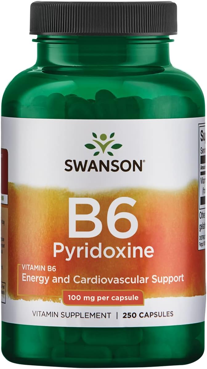 Natural Swanson B6 Pyridoxine Vitamin Supplement for Cardiovascular Health & Energy - Supports Overall Wellness - 250 Capsules, 100mg