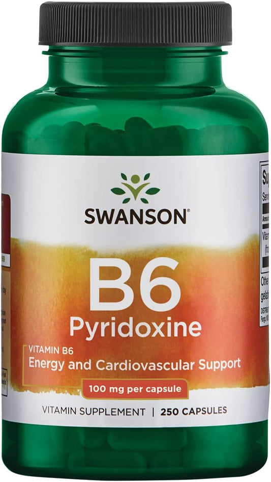 Natural Swanson B6 Pyridoxine Vitamin Supplement for Cardiovascular Health & Energy - Supports Overall Wellness - 250 Capsules, 100mg