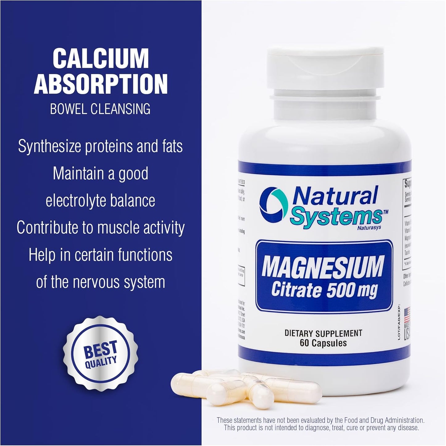 Natural Systems Magnesium Citrate Supplement 500mg - 60 Capsules for Muscle Calm & Constipation Relief - Magnesium Citrate Powder for Natural Slimming