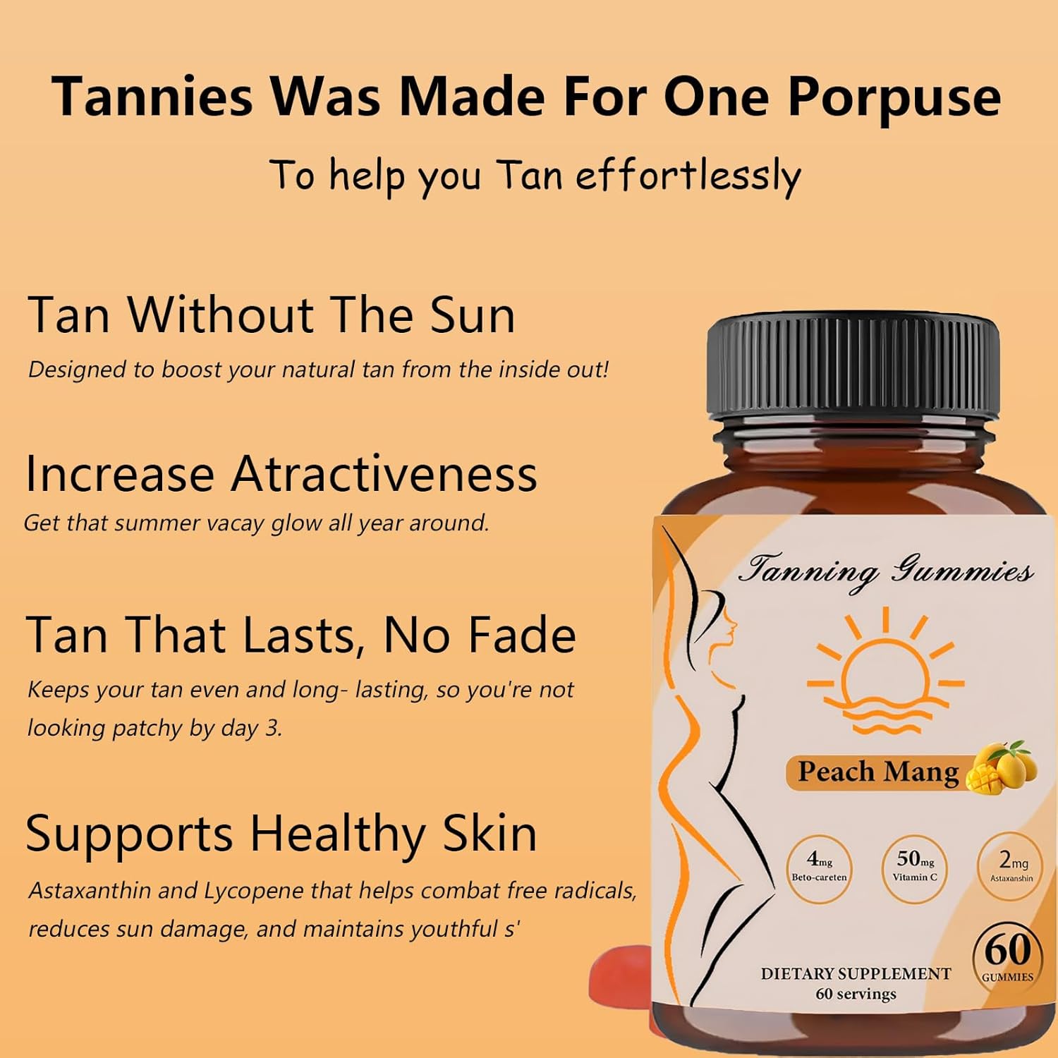 Natural Tanning Gummies with Beta-Carotene, Lycopene, and Astaxanthin - Skin Health and Glow - Vegan - Non-GMO - 60 Gummies