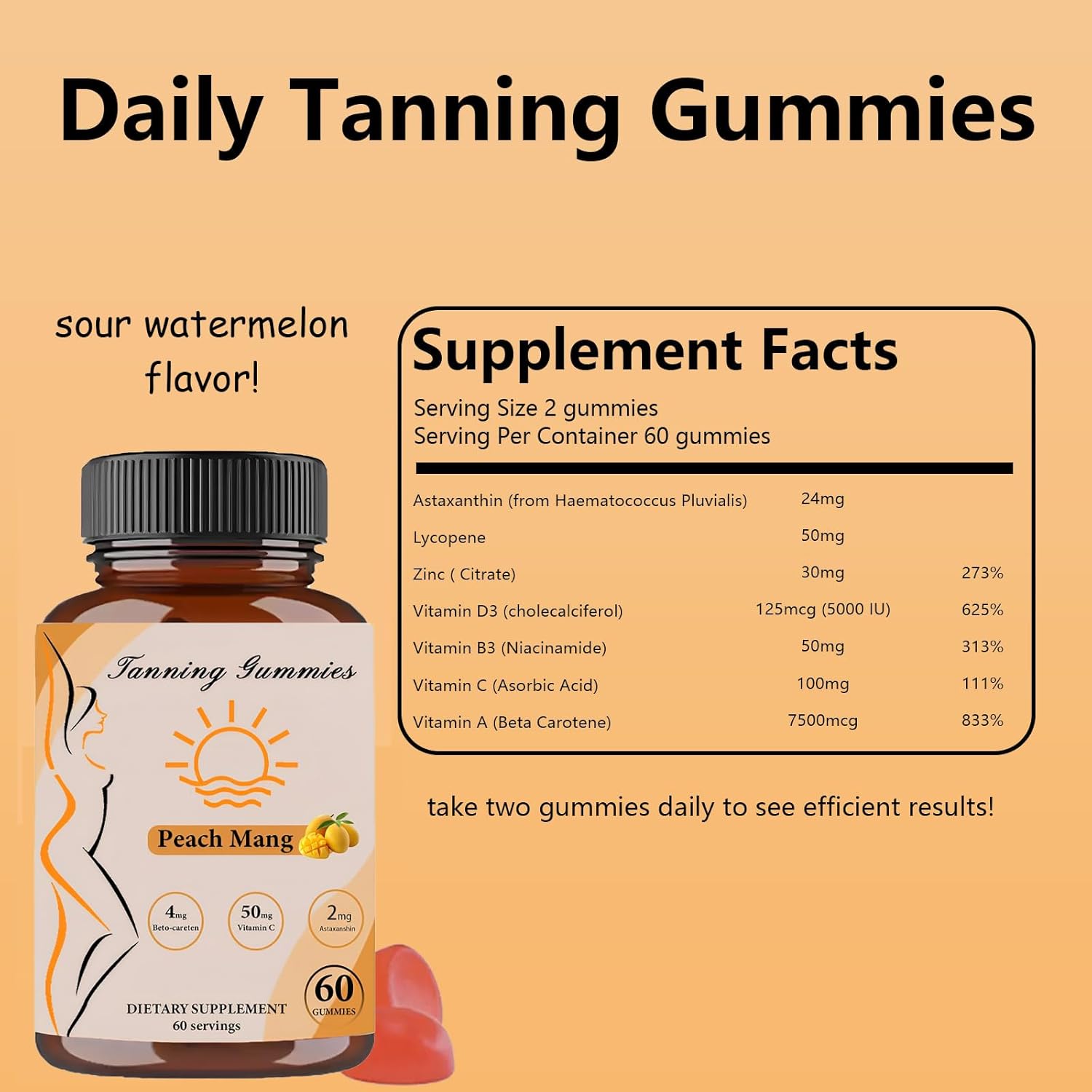 Natural Tanning Gummies with Beta-Carotene, Lycopene, and Astaxanthin - Skin Health and Glow - Vegan - Non-GMO - 60 Gummies
