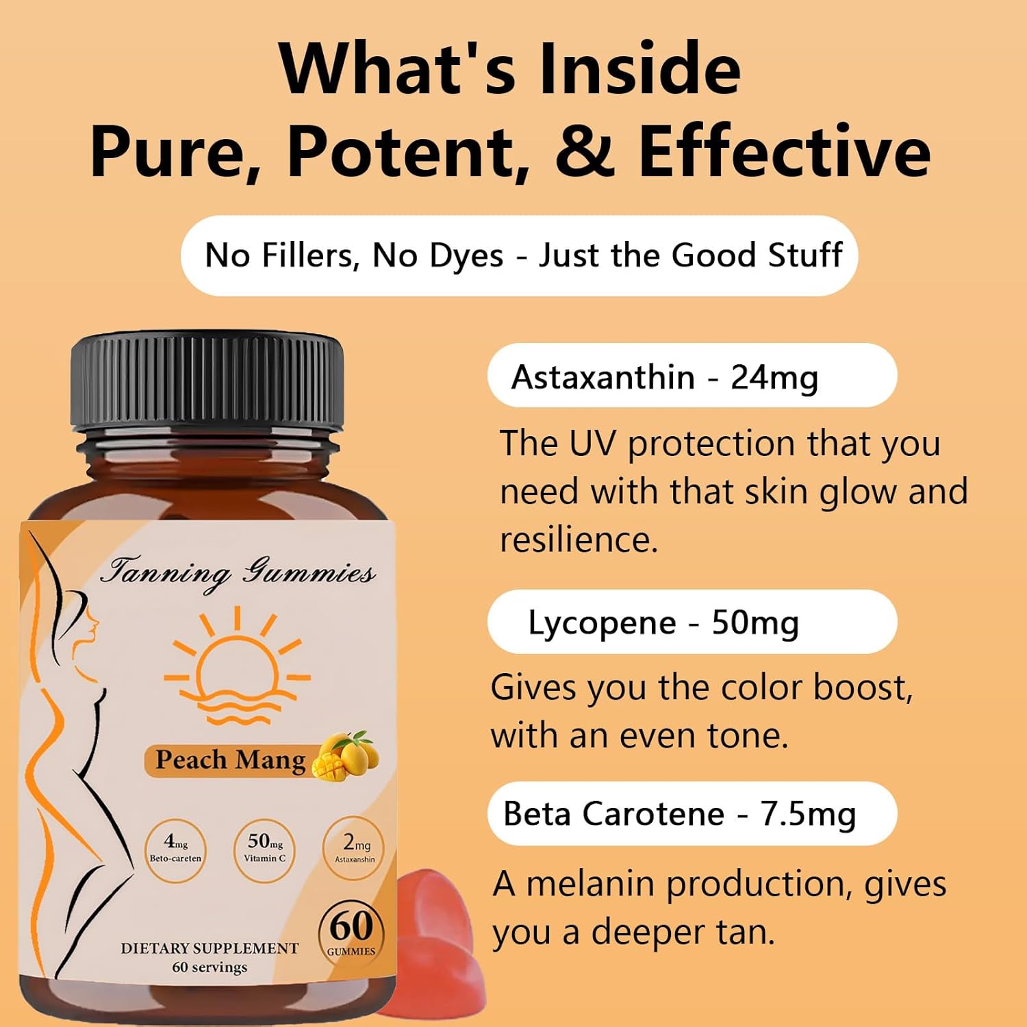 Natural Tanning Gummies with Beta-Carotene, Lycopene, and Astaxanthin - Skin Health and Glow - Vegan - Non-GMO - 60 Gummies