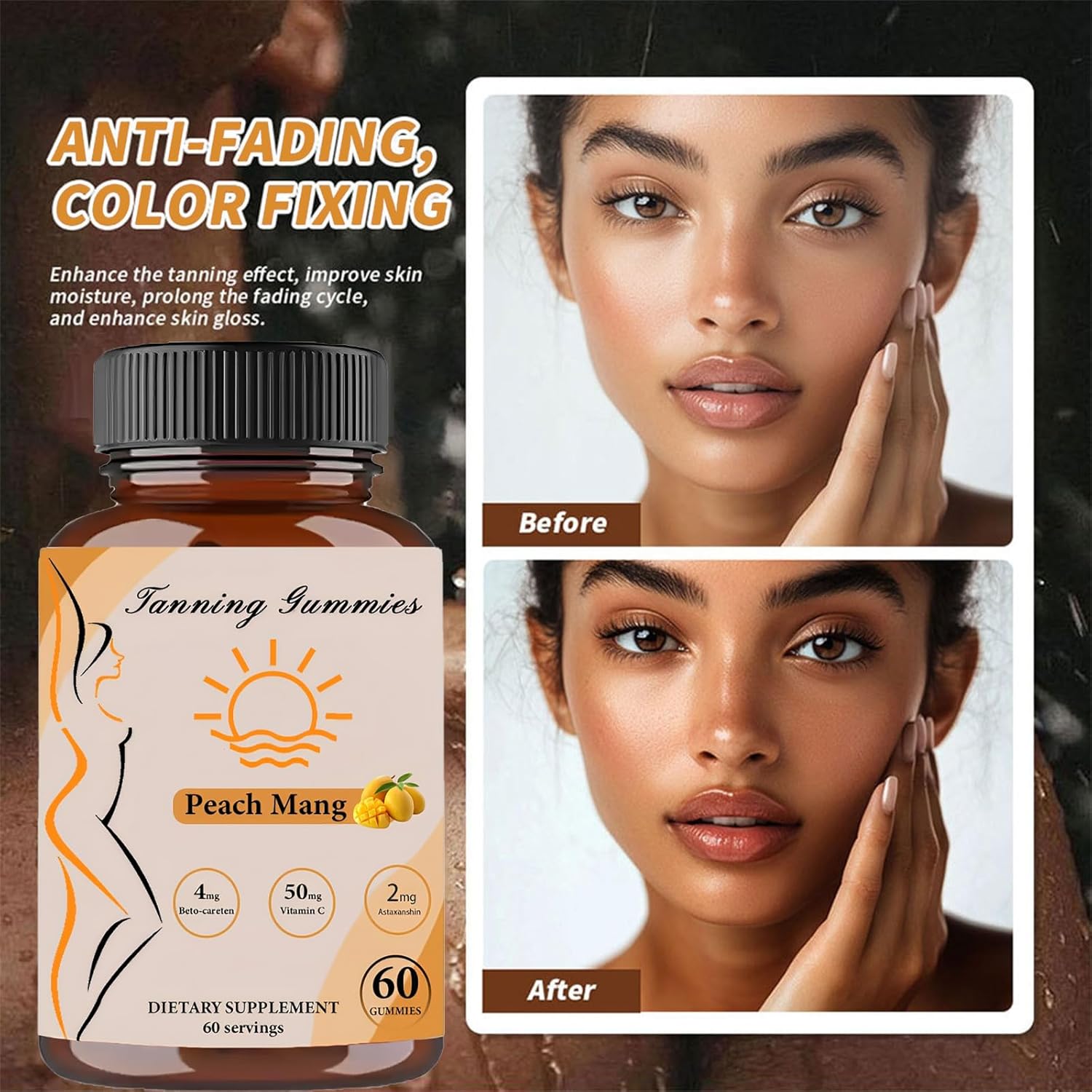 Natural Tanning Gummies with Beta-Carotene, Lycopene, and Astaxanthin - Skin Health and Glow - Vegan - Non-GMO - 60 Gummies