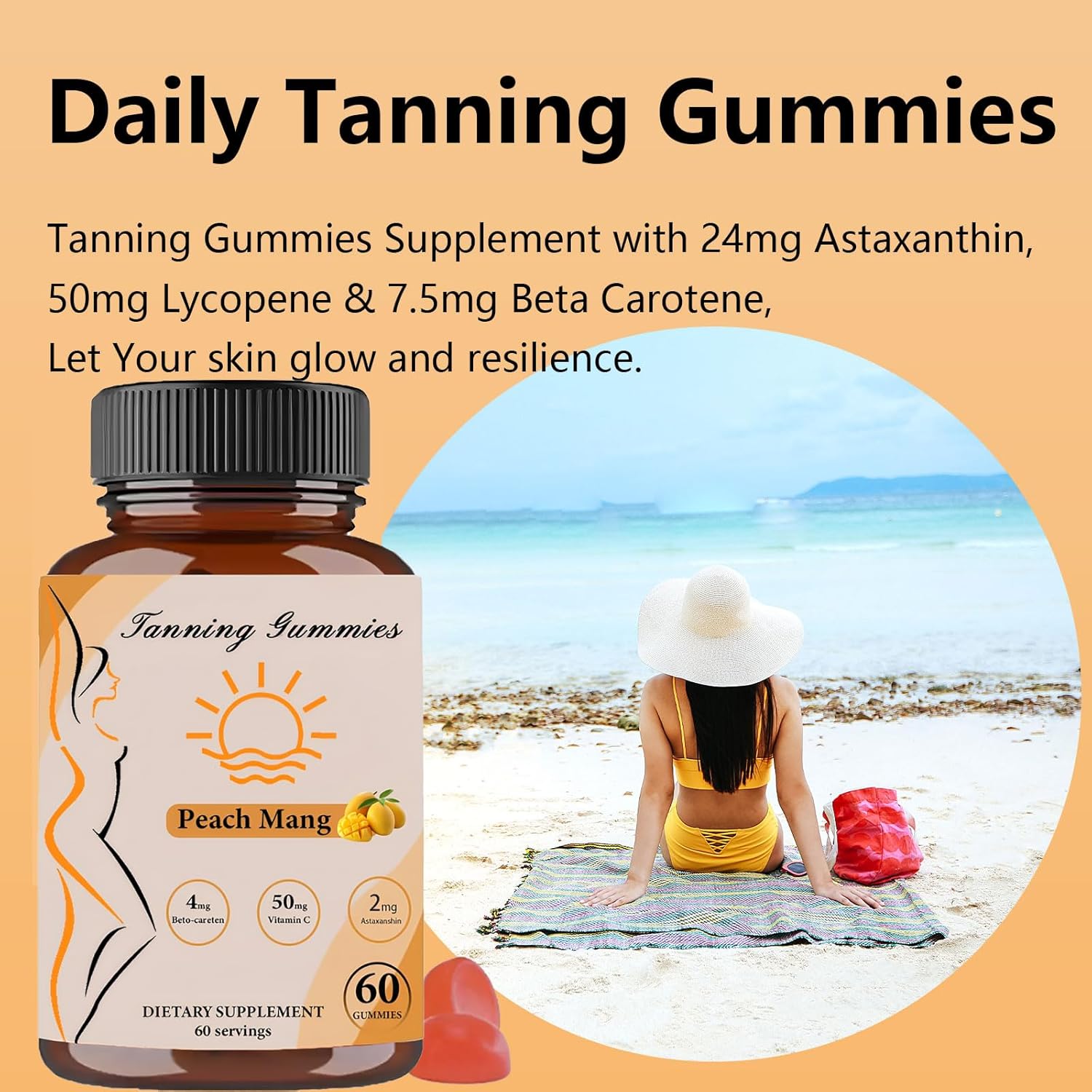 Natural Tanning Gummies with Beta-Carotene, Lycopene, and Astaxanthin - Skin Health and Glow - Vegan - Non-GMO - 60 Gummies
