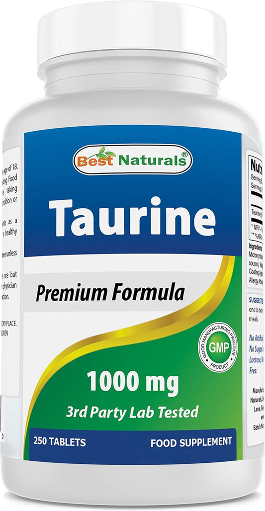 Natural Taurine 1000 mg Tablets - Promotes Eye, Cellular, & Heart Health - 250 Count