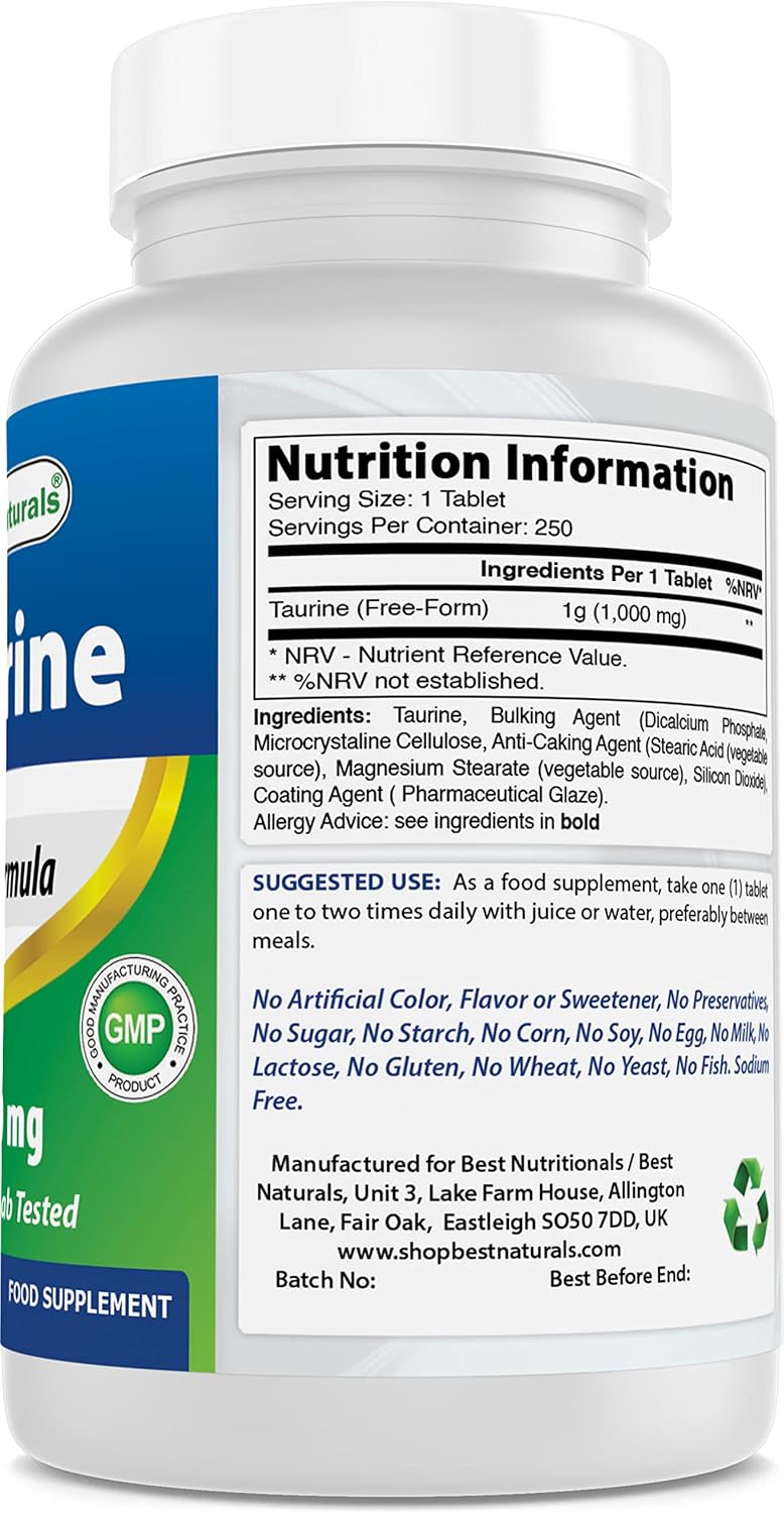 Natural Taurine 1000 mg Tablets - Promotes Eye, Cellular, & Heart Health - 250 Count