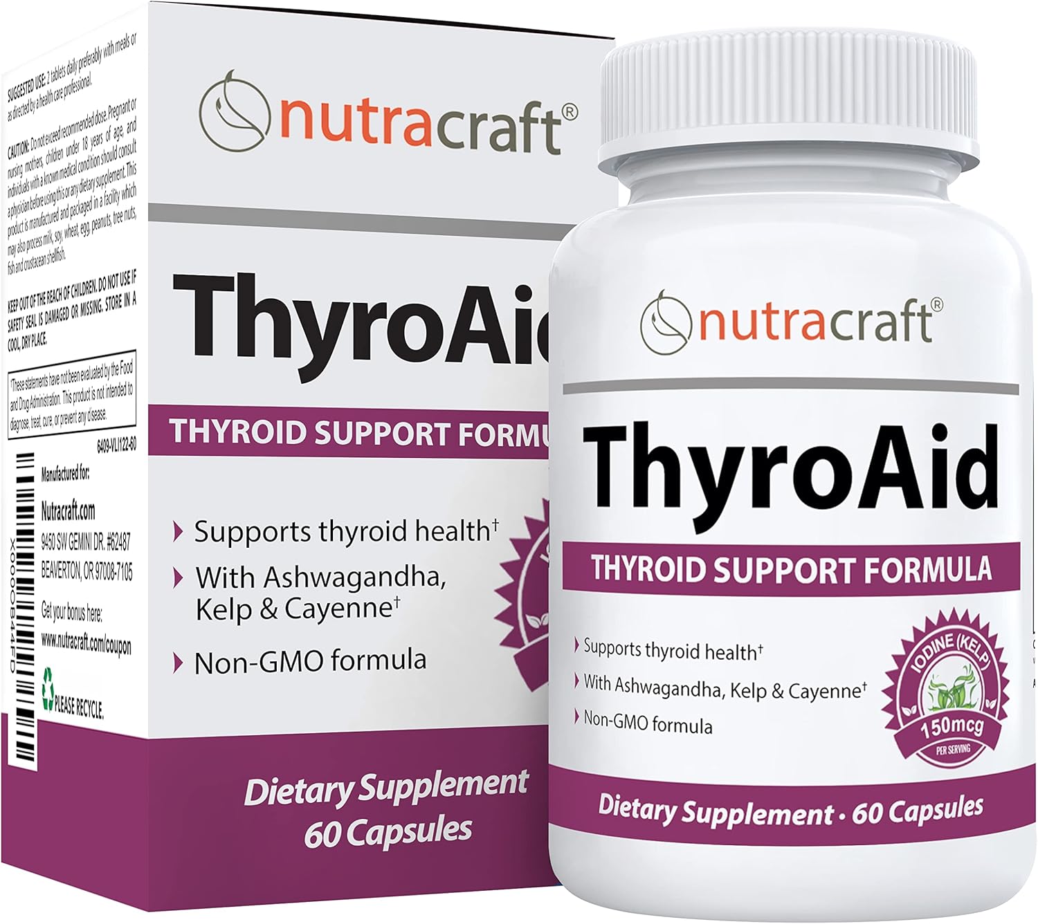 Natural Thyroid Support Supplement with Iodine, Ashwagandha & L-Tyrosine - Boost Energy & Health - 60 Capsules