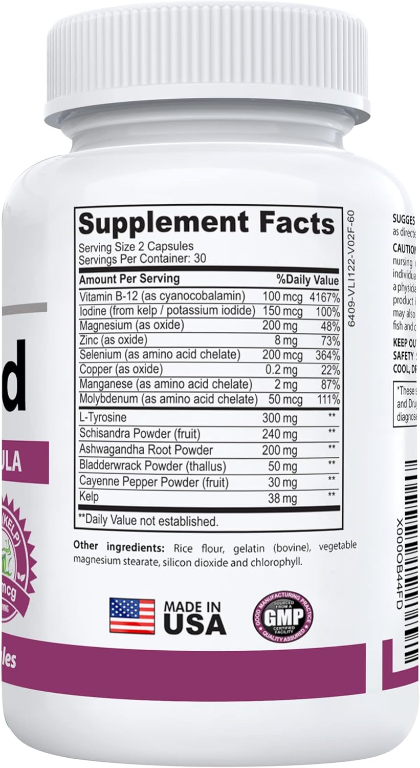 Natural Thyroid Support Supplement with Iodine, Ashwagandha & L-Tyrosine - Boost Energy & Health - 60 Capsules