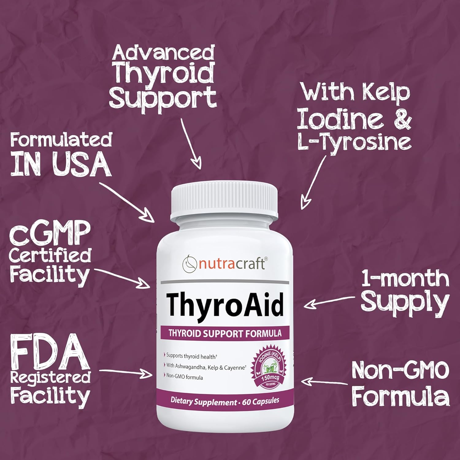 Natural Thyroid Support Supplement with Iodine, Ashwagandha & L-Tyrosine - Boost Energy & Health - 60 Capsules