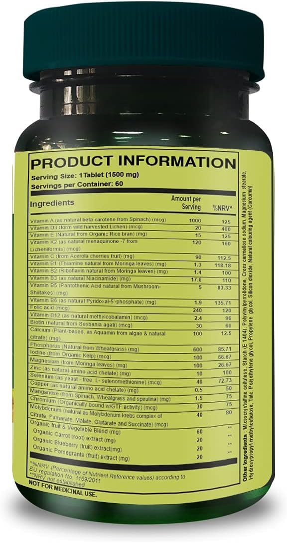 Natural Treasures Whole Food Multivitamin for Men 1500mg - Plant Based Men's Multivitamin - 60 Tablets, 2 Month Supply