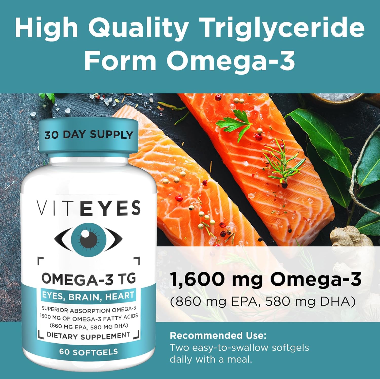 Natural Triglyceride Fish Oil Formula for Eye & Heart Health, 60 Count