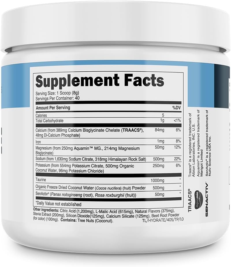 Natural Tropical Punch Flavored Electrolyte Powder with Coconut Water - Hydration Supplement with Calcium, Taurine, and Potassium - 40 Servings by Transparent Labs