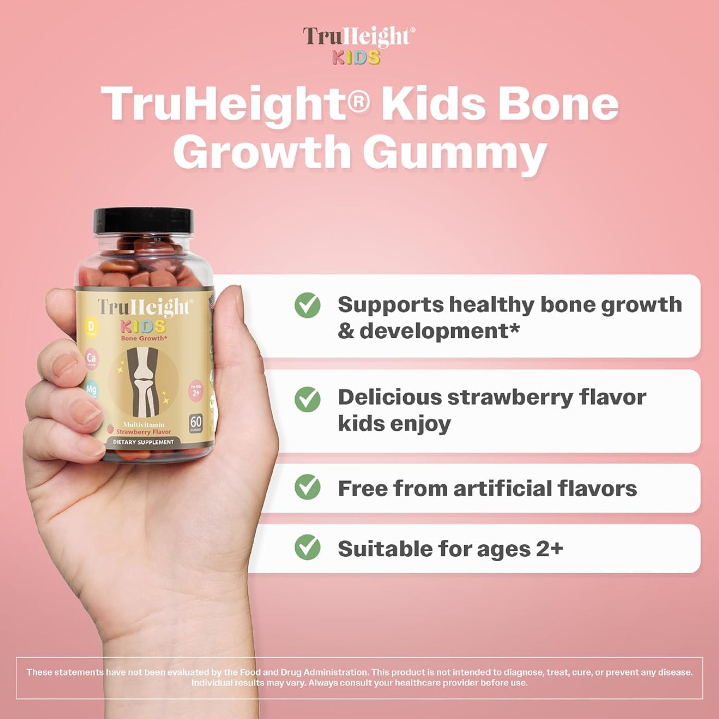 Natural TruHeight Kids Bone Growth Gummies for Ages 2+ | Pediatrician-Endorsed Toddler Vitamins with Vitamin D, Calcium, K2, and Magnesium for Natural Growth & Development