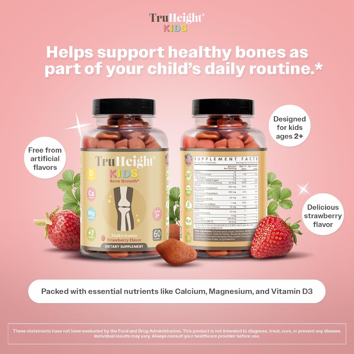 Natural TruHeight Kids Bone Growth Gummies for Ages 2+ | Pediatrician-Endorsed Toddler Vitamins with Vitamin D, Calcium, K2, and Magnesium for Natural Growth & Development