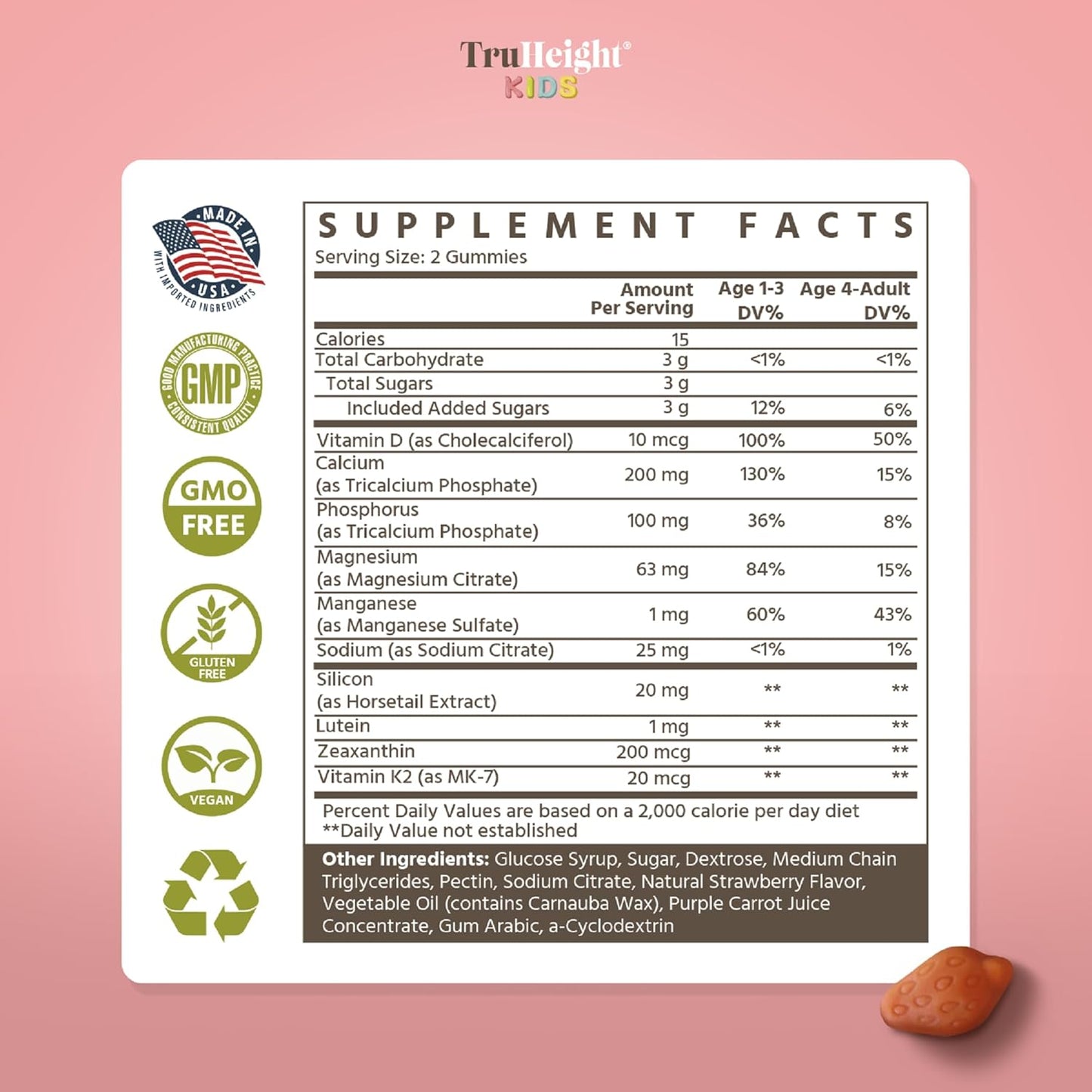 Natural TruHeight Kids Bone Growth Gummies for Ages 2+ | Pediatrician-Endorsed Toddler Vitamins with Vitamin D, Calcium, K2, and Magnesium for Natural Growth & Development